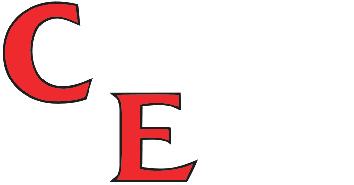 culver-electric-logo-transparent-white-720-WEB Large red letters "C" and "E" with black outlines, positioned diagonally with the "C" above the "E" and slightly to the left. The letters are on a white background.